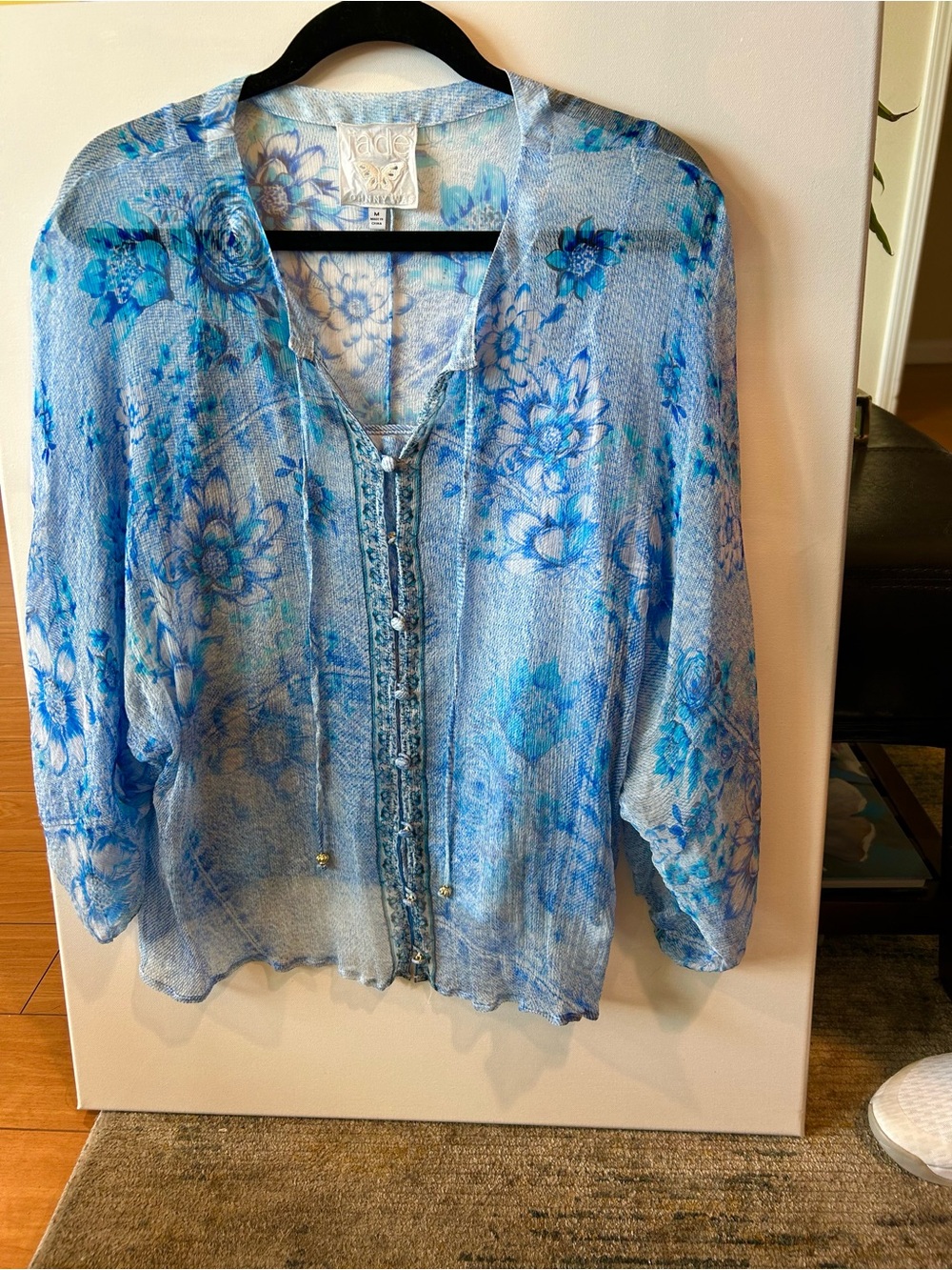 Johnny Was Flowy Floral Top in Blues and white